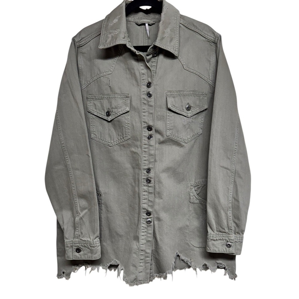 Free People Moonchild Denim Shirt Jacket Distressed Olive Women's Size Large